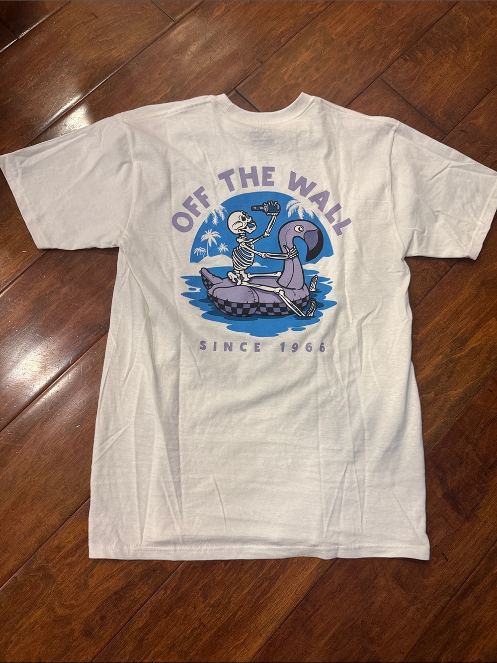 Vans White Tee with Purple & Blue Skeleton Flamingo Graphic